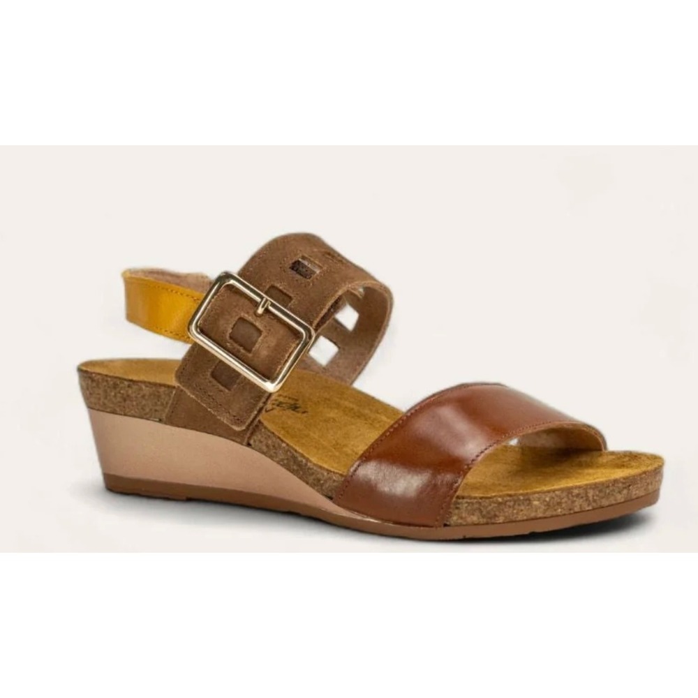 Naot Dynasty Wedge Sandal Brown Leather Gold EU 41 US 10 Comfort Minimalist $170